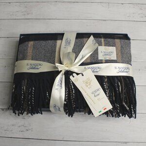 IL Maestro Cashmere Wool Plaid Throw Blanket Made in Italy Navy Blue Beige